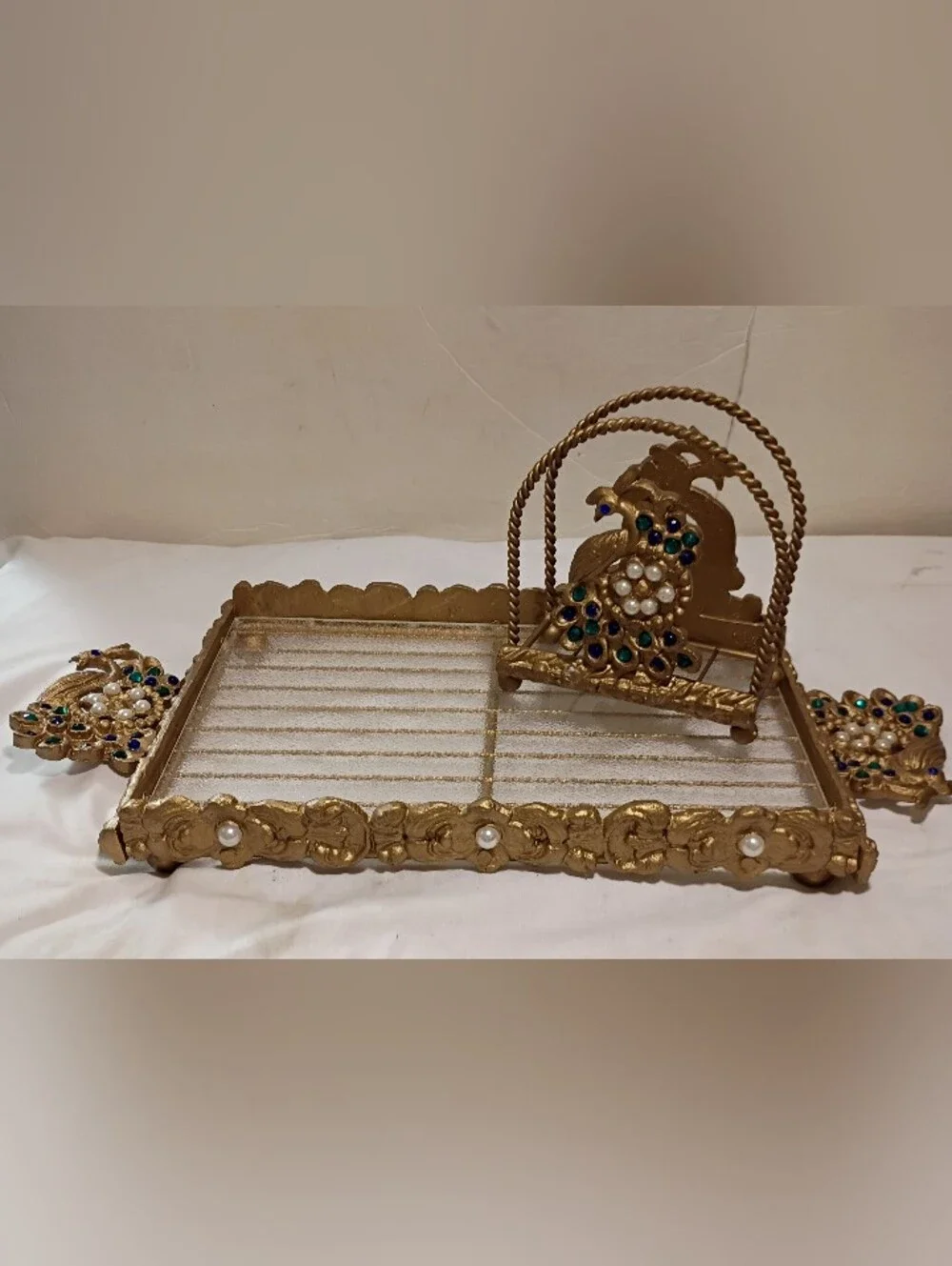 Vtg '60s Hollywood Regency Jeweled Peacock Vanity Tray & Letter Holder Set Gold